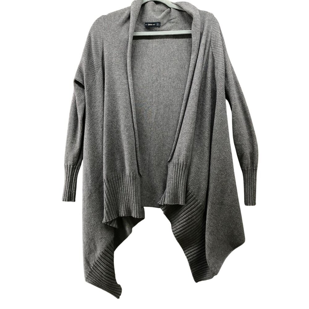 Zara Longline Cardigan Womens S Gray Ribbed Stretch Tight Knit Open Front